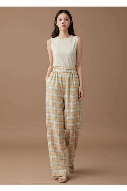 Pantalon Baggy Plaid Écru Ample Décontracté Femme - Beige Lin