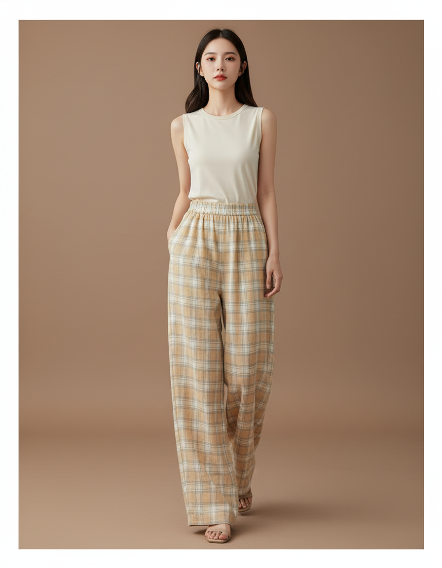 Pantalon Baggy Plaid Écru Ample Décontracté Femme - Beige Lin
