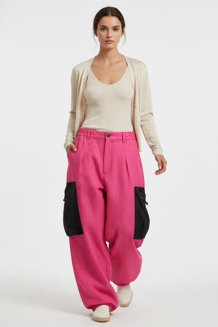 Pantalon Baggy Fuchsia Lin Ample Plissé Cargo - Rose