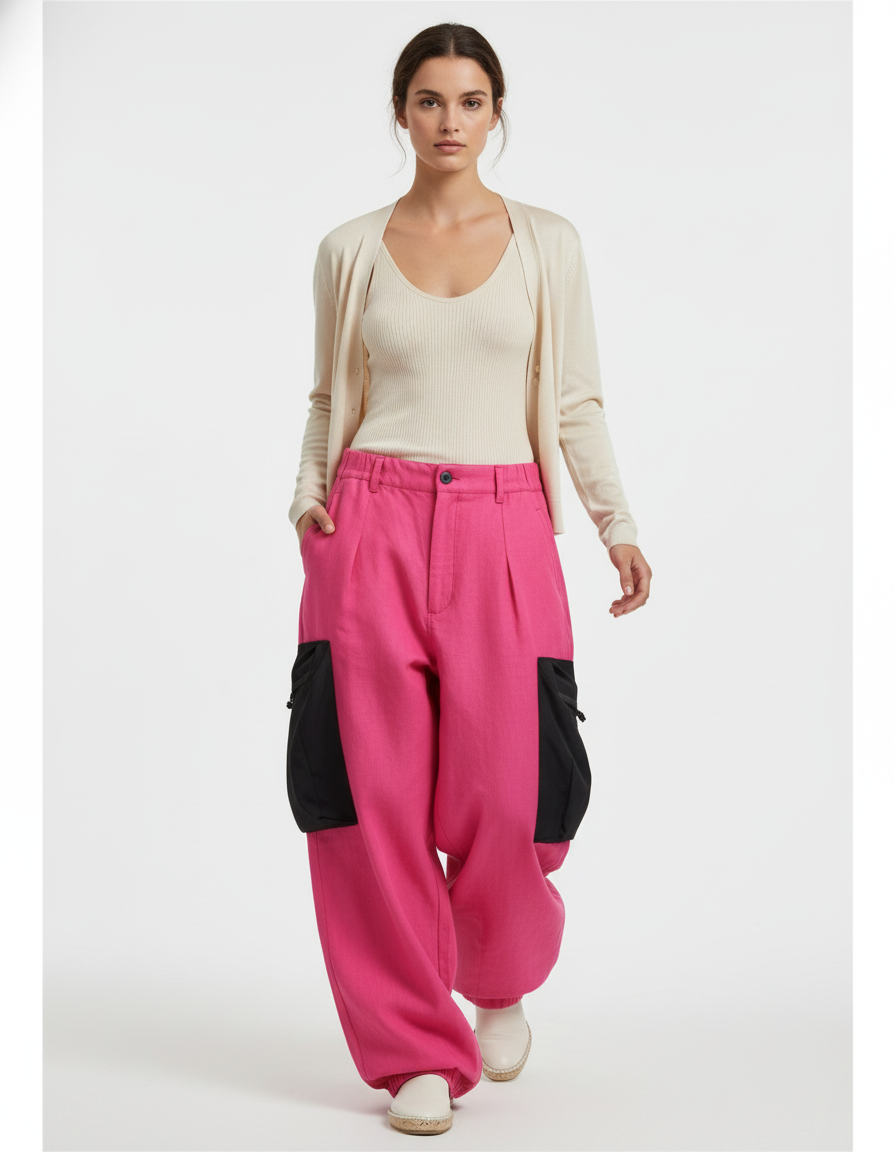 Pantalon Baggy Fuchsia Lin Ample Plissé Cargo - Rose
