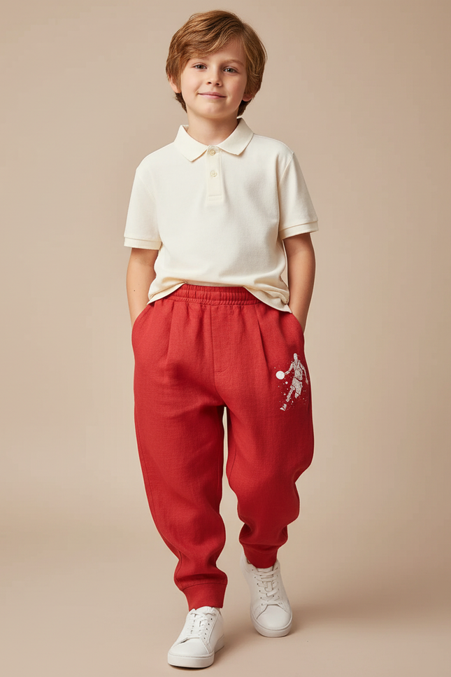Pantalon Baggy Rouge Imprimé Basketball Décontracté Garçon - Lin