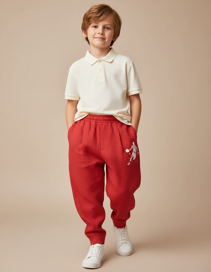Pantalon Baggy Rouge Imprimé Basketball Décontracté Garçon - Lin