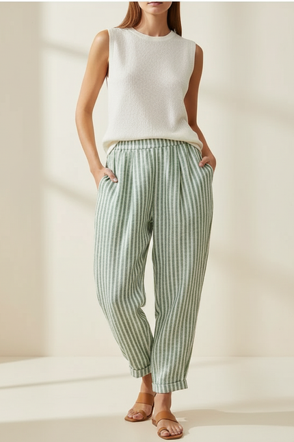 Pantalon Baggy Rayé Vert Ample Décontracté Fluide - Lin