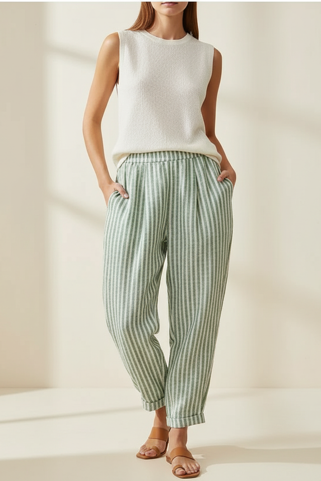 Pantalon Baggy Rayé Vert Ample Décontracté Fluide - Lin