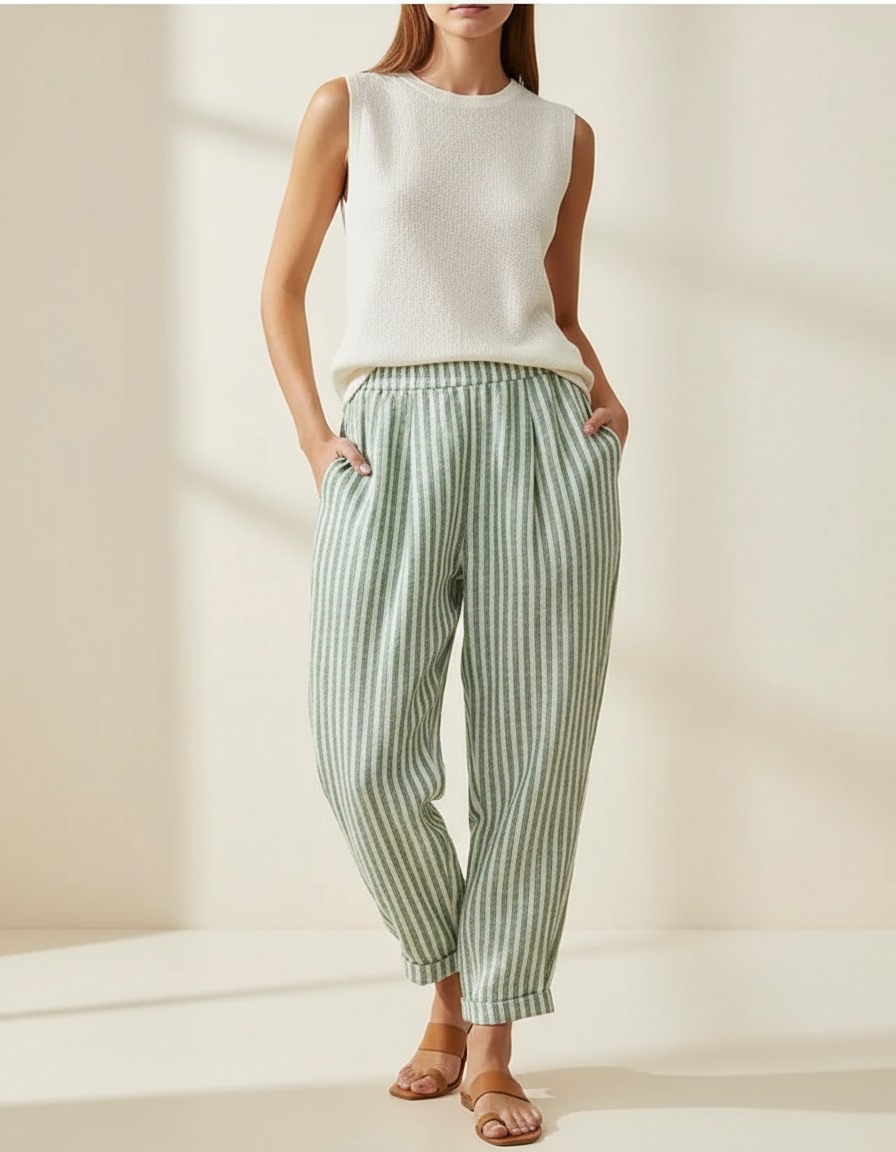 Pantalon Baggy Rayé Vert Ample Décontracté Fluide - Lin