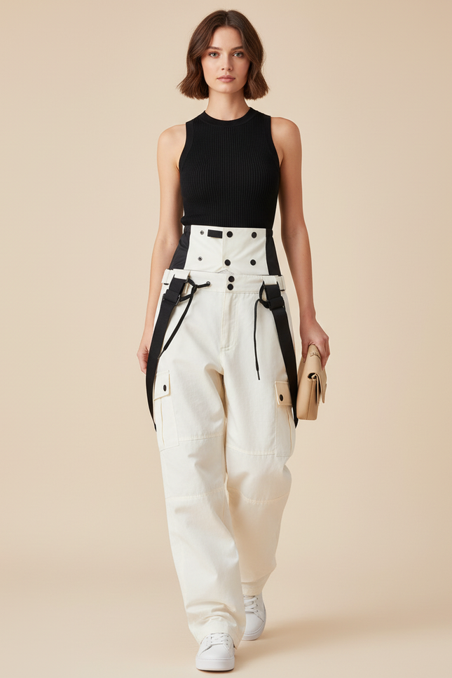 Pantalon Baggy Blanc Cargo Taille Haute Décontracté - Toile