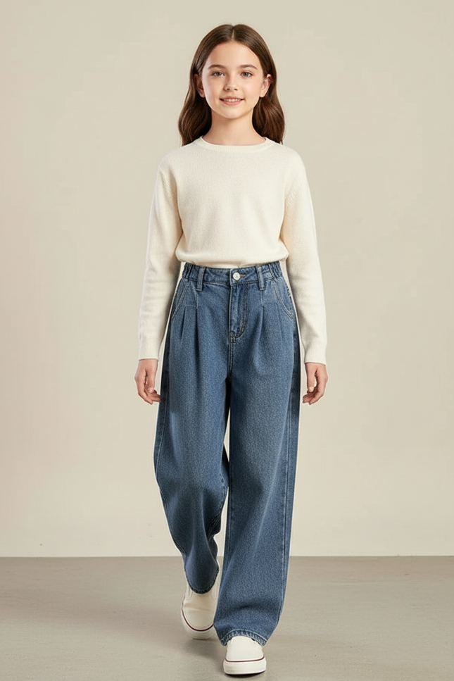 Pantalon Baggy Jean Bleu Ample Plissé Confortable Fille