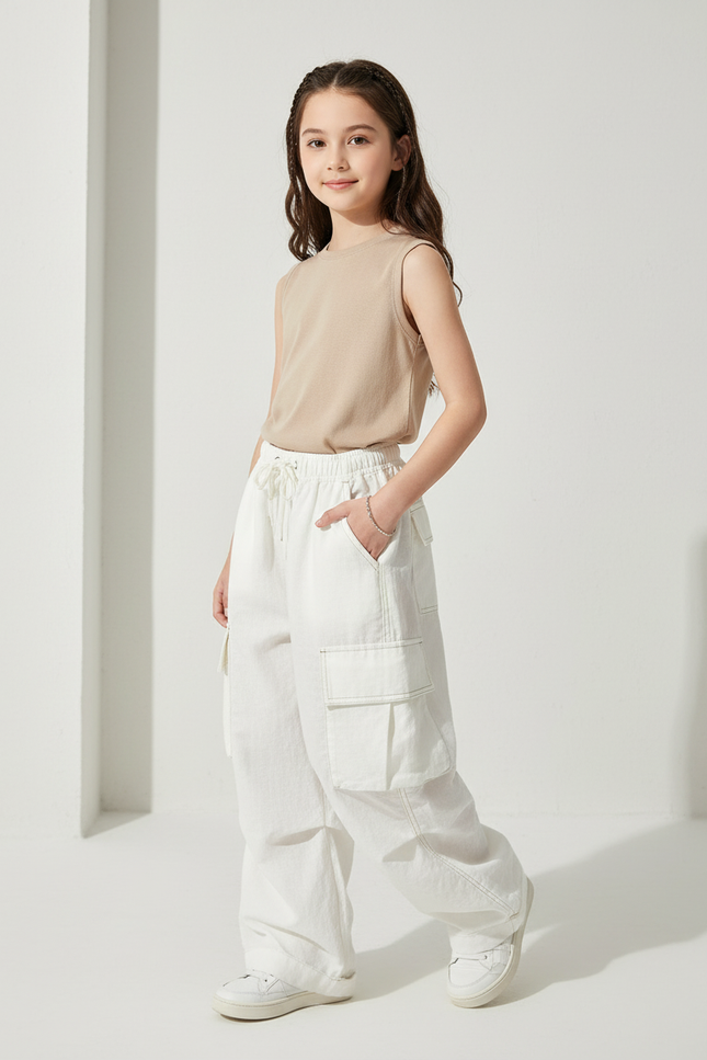 Pantalon Baggy Blanc Cargo Ample Décontracté Fille - Toile