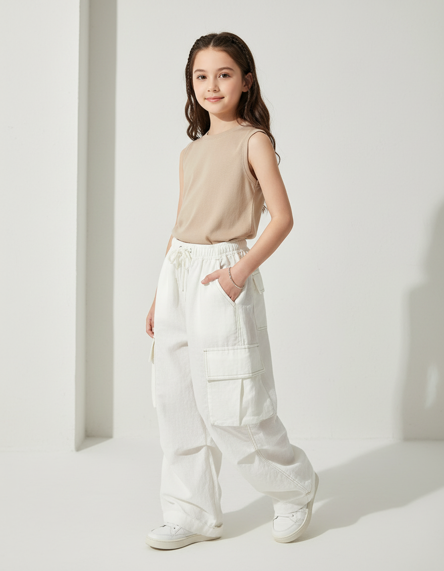 Pantalon Baggy Blanc Cargo Ample Décontracté Fille - Toile