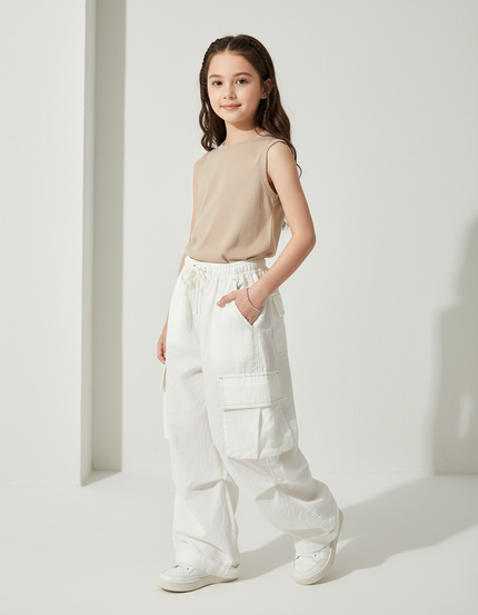 Pantalon Baggy Blanc Cargo Ample Décontracté Fille - Toile