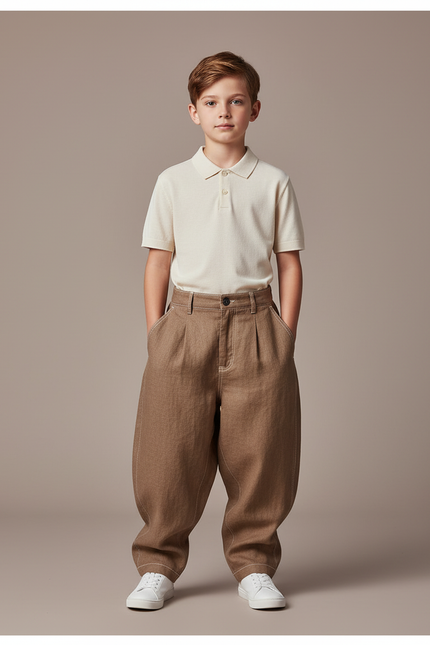 Pantalon Baggy Marron Ample Lin Enfant Décontracté