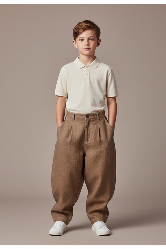Pantalon Baggy Marron Ample Lin Enfant Décontracté