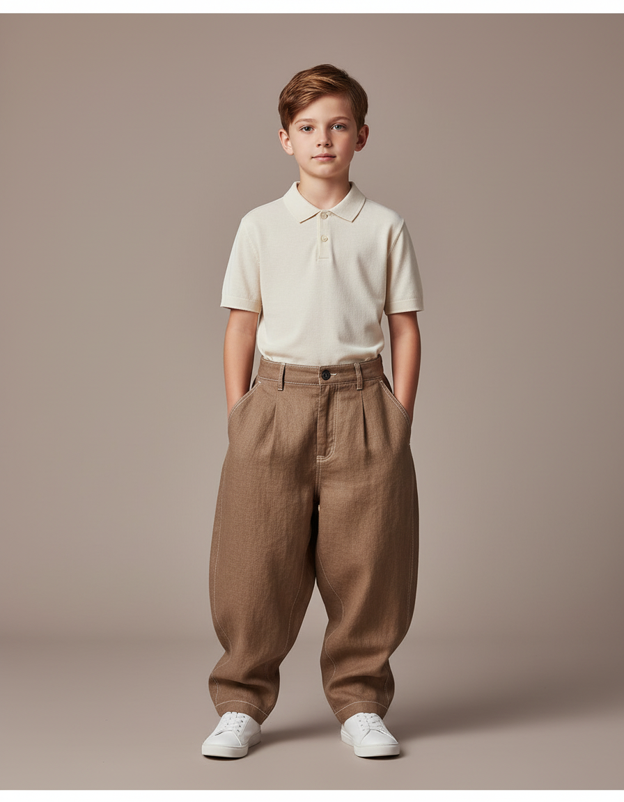 Pantalon Baggy Marron Ample Lin Enfant Décontracté