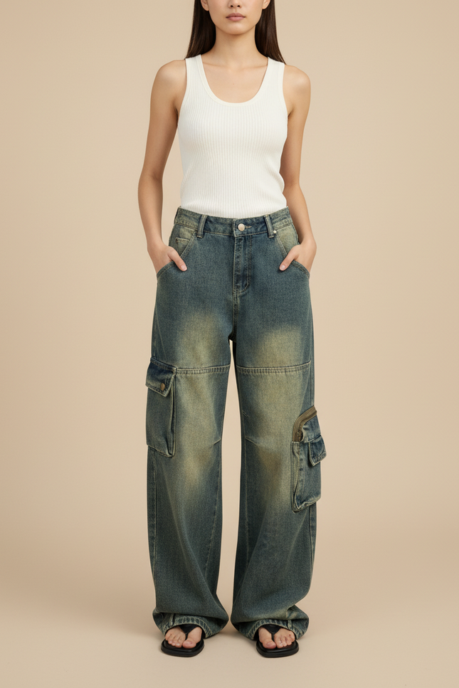 Pantalon Baggy Bleu Délavé Cargo Ample Femme - Jean