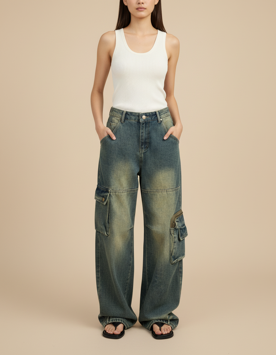 Pantalon Baggy Bleu Délavé Cargo Ample Femme - Jean