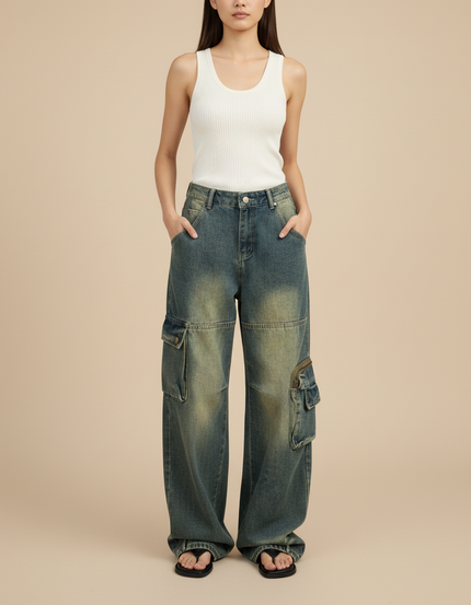 Pantalon Baggy Bleu Délavé Cargo Ample Femme - Jean
