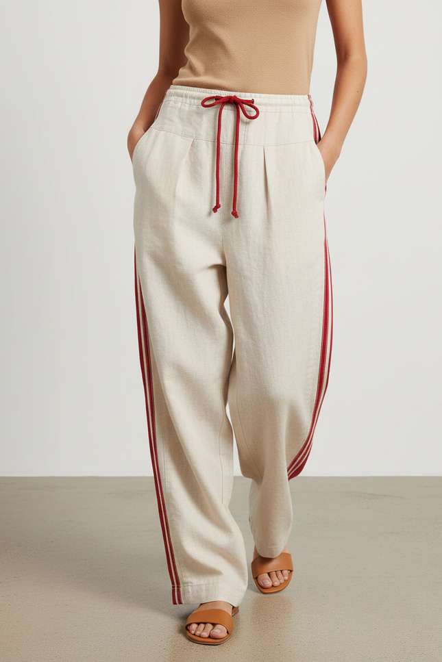 Pantalon Baggy Beige Lin Rayures Rouges Cordon