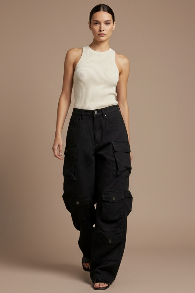 Pantalon Baggy Noir Cargo Large Multi-poches Décontracté - Toile