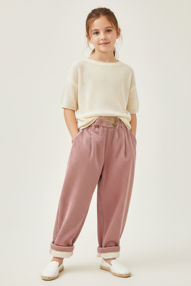 Pantalon Baggy Rose Velours Côtelé Ample Doublé Hiver - Cordé