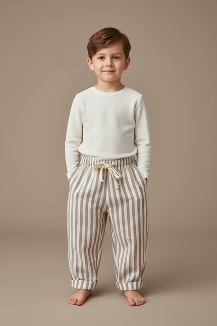 Pantalon Baggy Rayé Lin Coton Ample Enfant Décontracté - Beige
