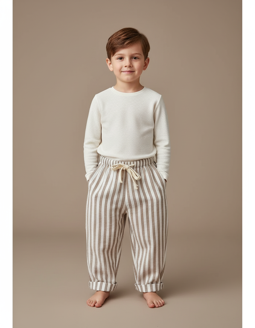 Pantalon Baggy Rayé Lin Coton Ample Enfant Décontracté - Beige