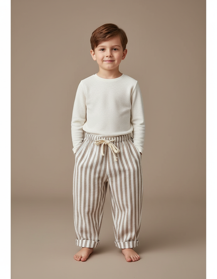 Pantalon Baggy Rayé Lin Coton Ample Enfant Décontracté - Beige