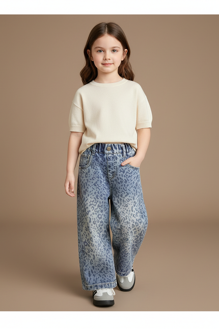 Pantalon Baggy Léopard Denim Ample Fille - Imprimé Jean