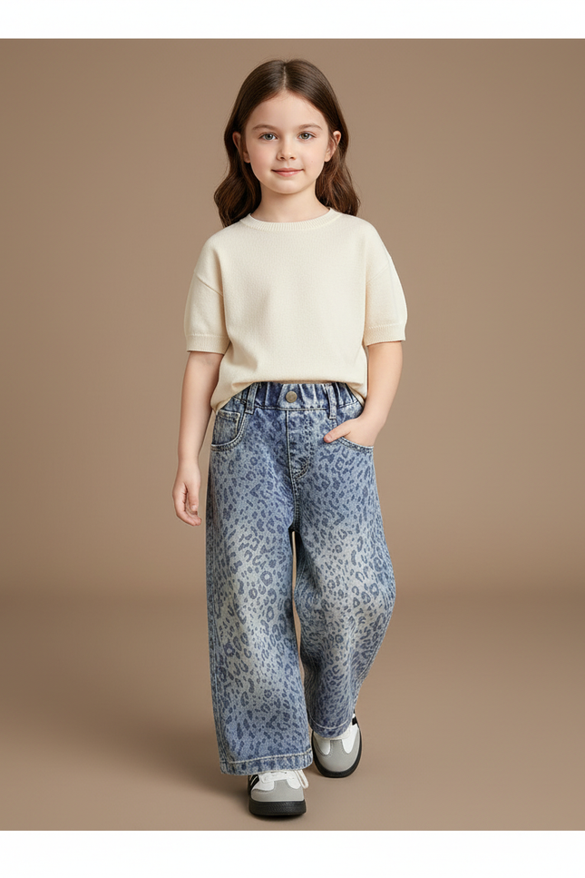 Pantalon Baggy Léopard Denim Ample Fille - Imprimé Jean