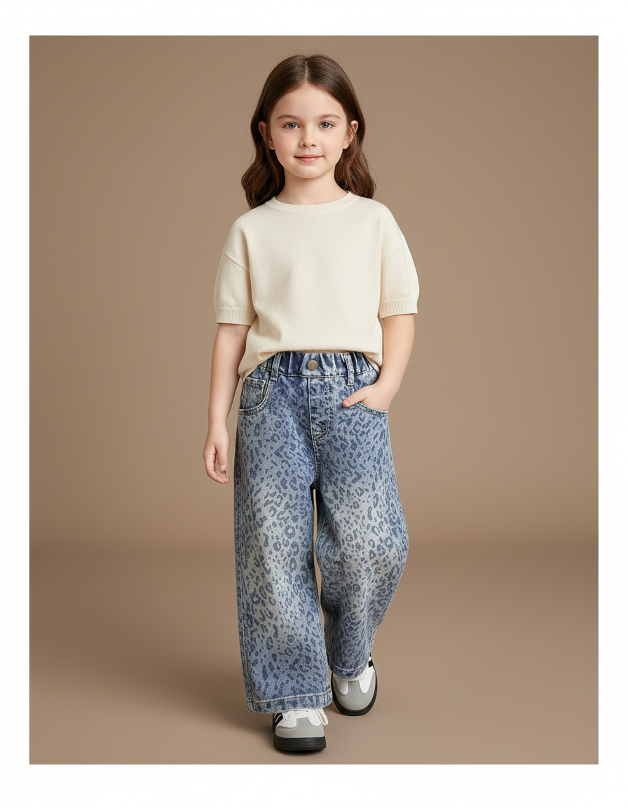 Pantalon Baggy Léopard Denim Ample Fille - Imprimé Jean