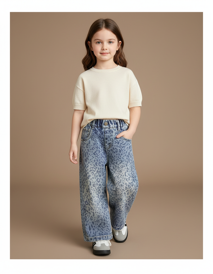 Pantalon Baggy Léopard Denim Ample Fille - Imprimé Jean