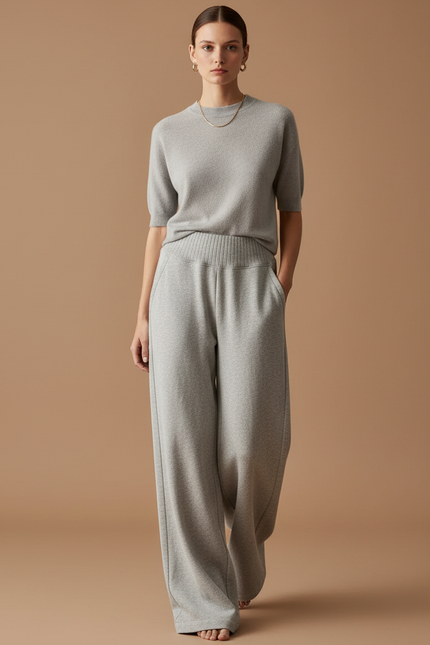 Pantalon Baggy Gris Clair Ample Tricoté Confortable Femme - Molleton