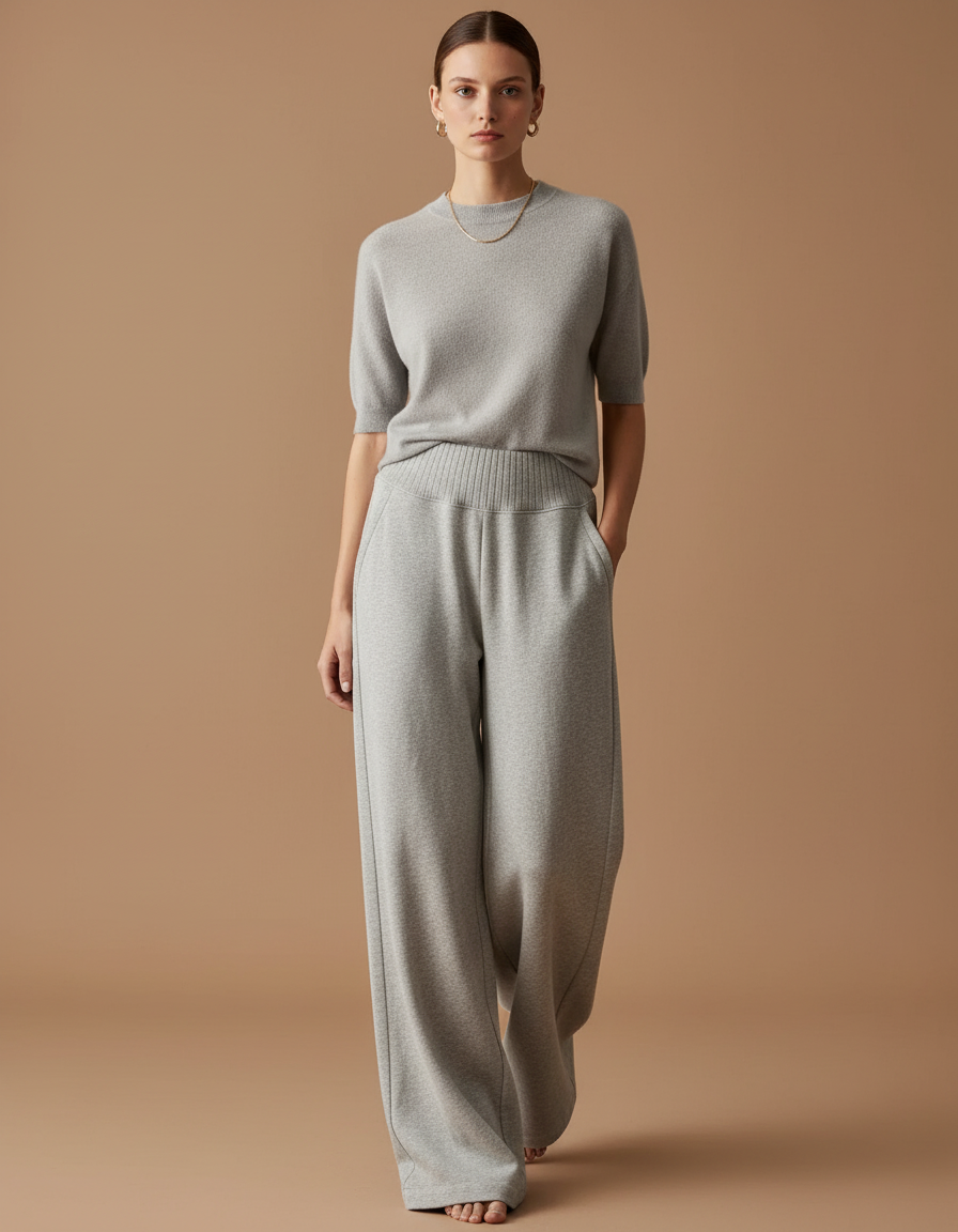 Pantalon Baggy Gris Clair Ample Tricoté Confortable Femme - Molleton