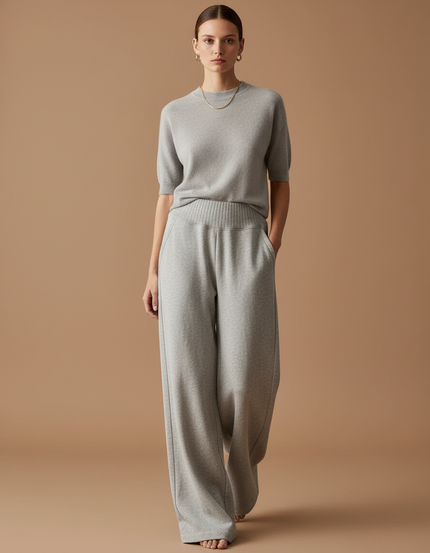 Pantalon Baggy Gris Clair Ample Tricoté Confortable Femme - Molleton