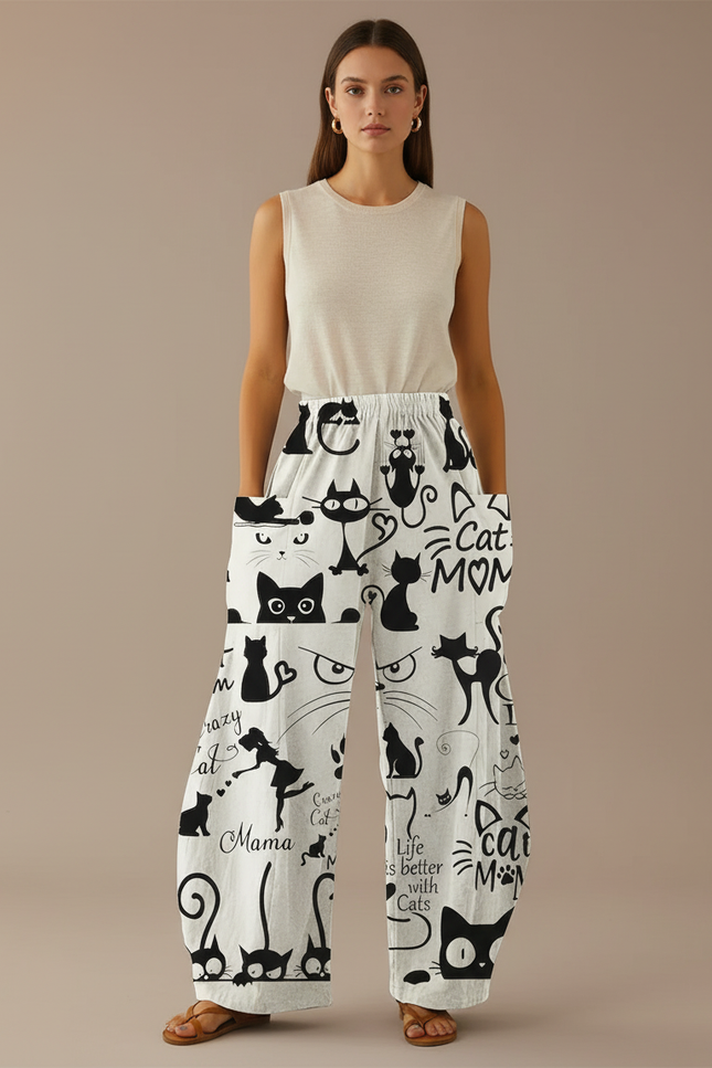 Pantalon Baggy Blanc Imprimé Chats Ample Décontracté Fluide - Lin