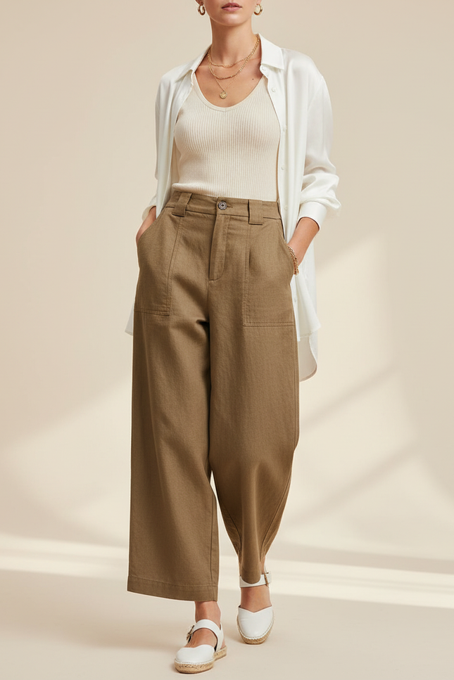 Pantalon Baggy Marron Ample Taille Haute Fluide - Kaki Toile