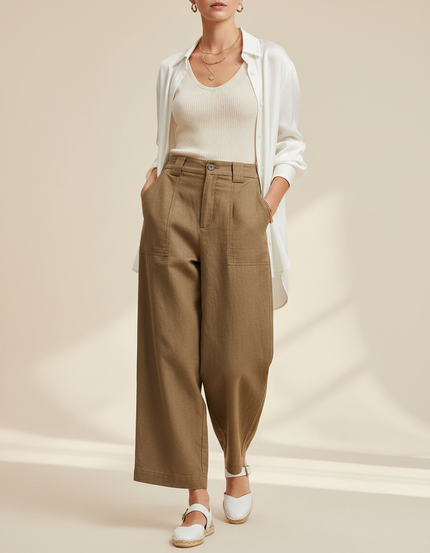 Pantalon Baggy Marron Ample Taille Haute Fluide - Kaki Toile