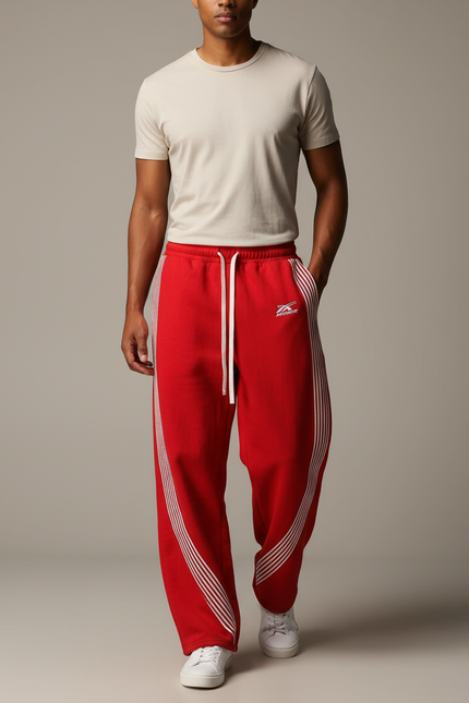 Pantalon Baggy Rouge Rayures Blanches Cordon Ample - Molleton