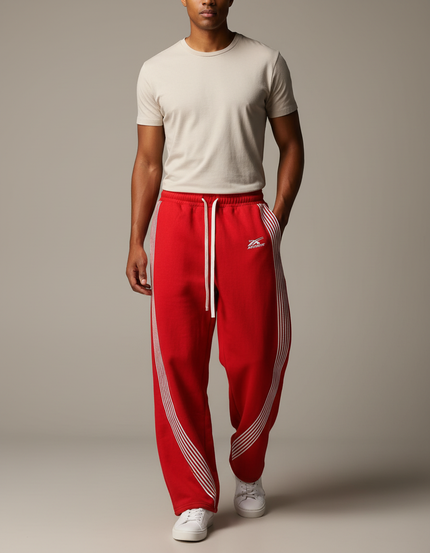 Pantalon Baggy Rouge Rayures Blanches Cordon Ample - Molleton