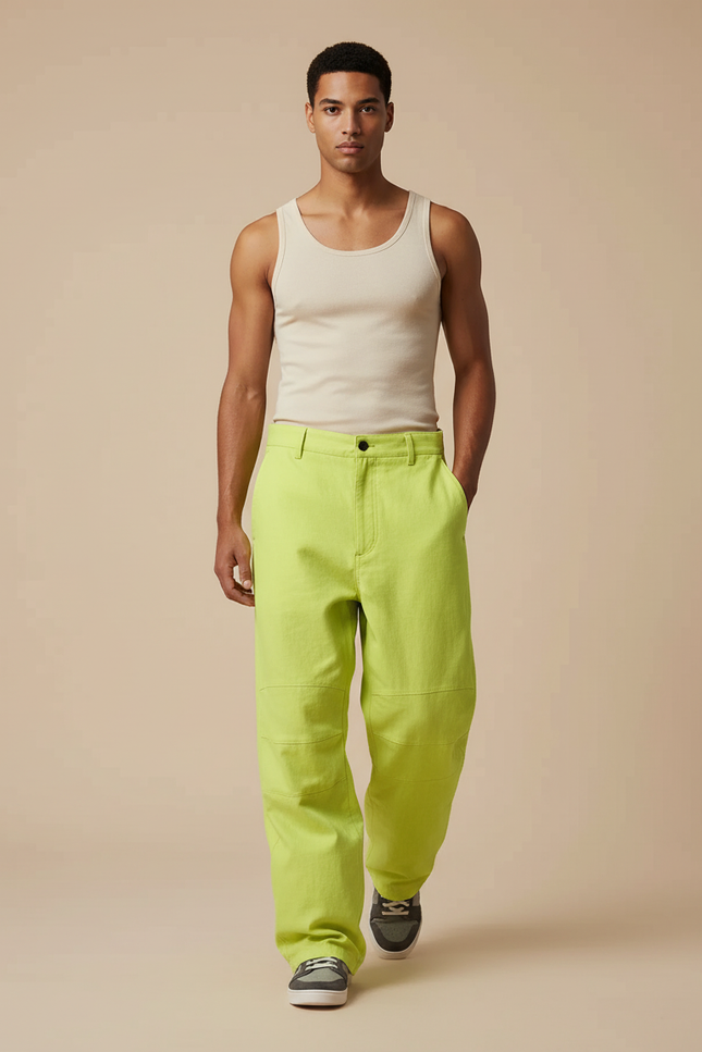 Pantalon Baggy Vert Citron Ample Décontracté Homme - Toile