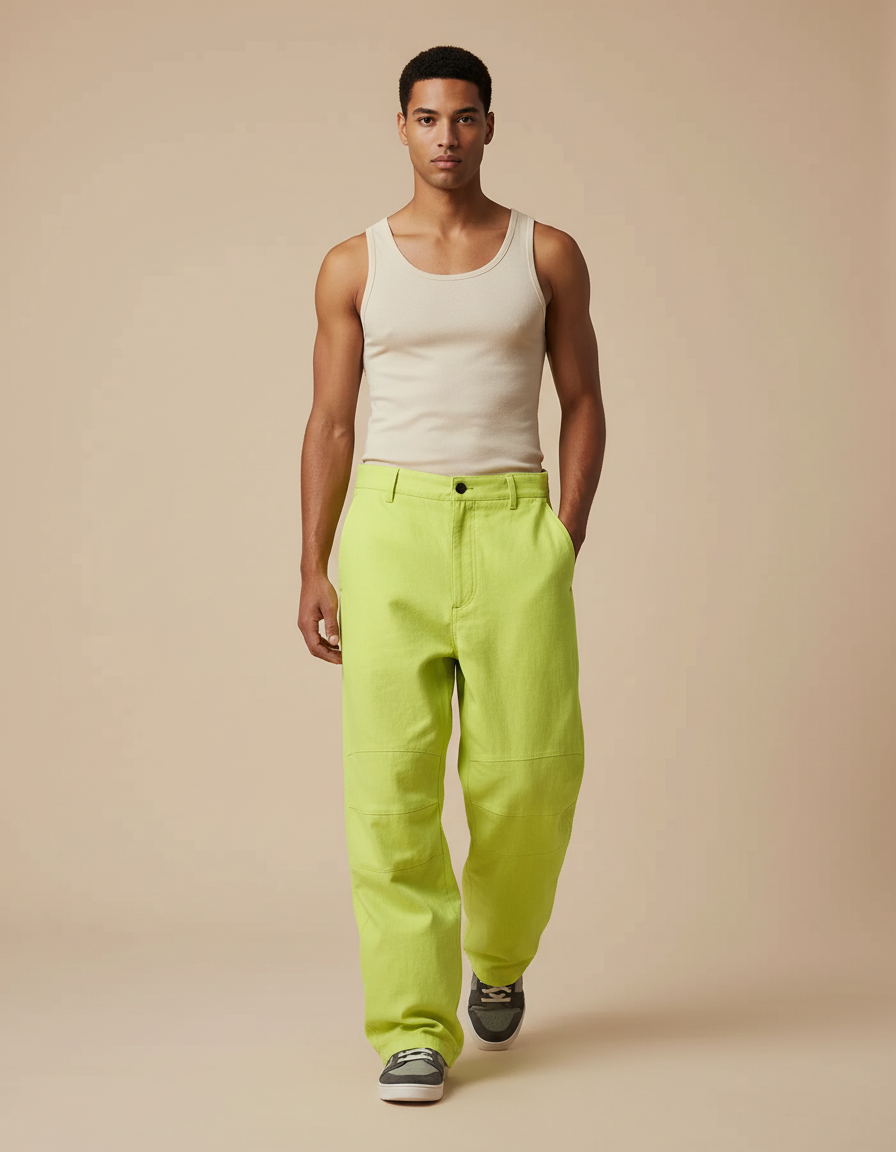 Pantalon Baggy Vert Citron Ample Décontracté Homme - Toile