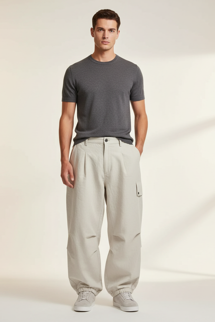 Pantalon Baggy Beige Ample Coton Plissé Cargo