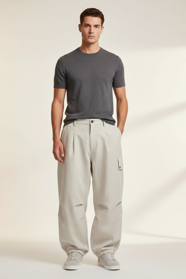 Pantalon Baggy Beige Ample Coton Plissé Cargo
