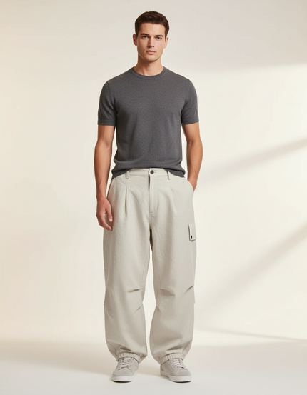 Pantalon Baggy Beige Ample Coton Plissé Cargo