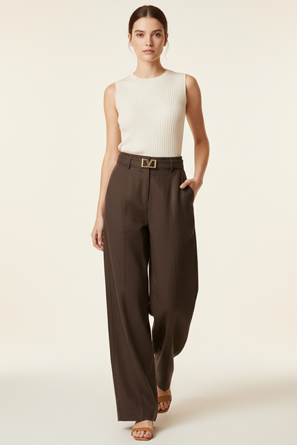 Pantalon Baggy Marron Velours Plissé Ample Élégant - Laine