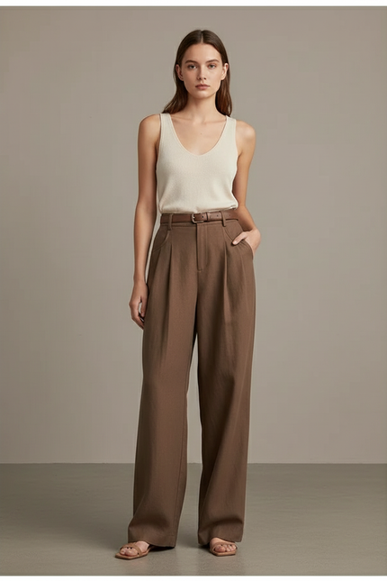 Pantalon Baggy Marron Plissé Ample Décontracté Femme - Lin