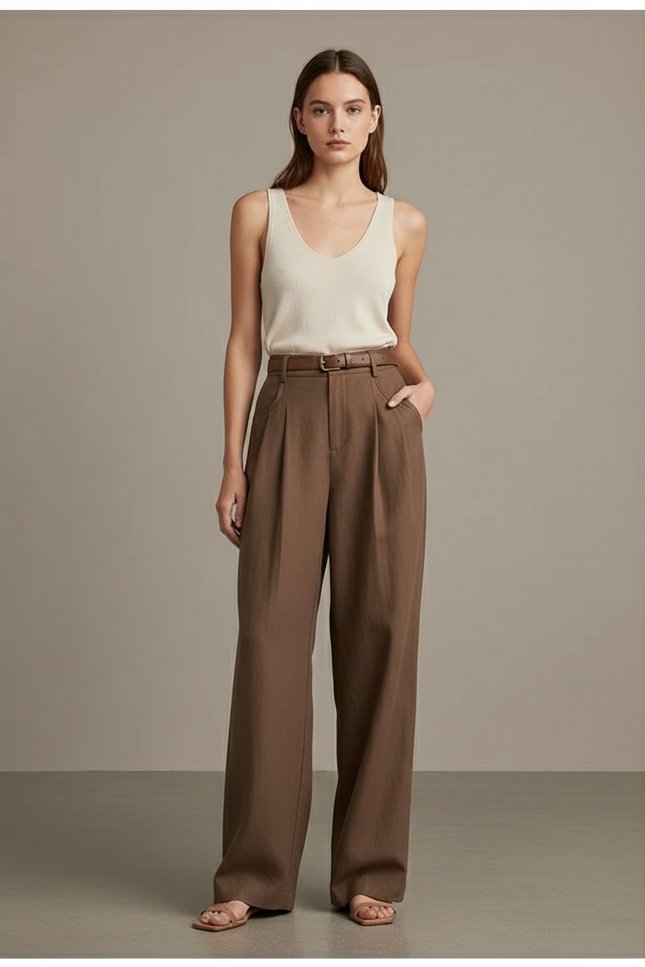 Pantalon Baggy Marron Plissé Ample Décontracté Femme - Lin