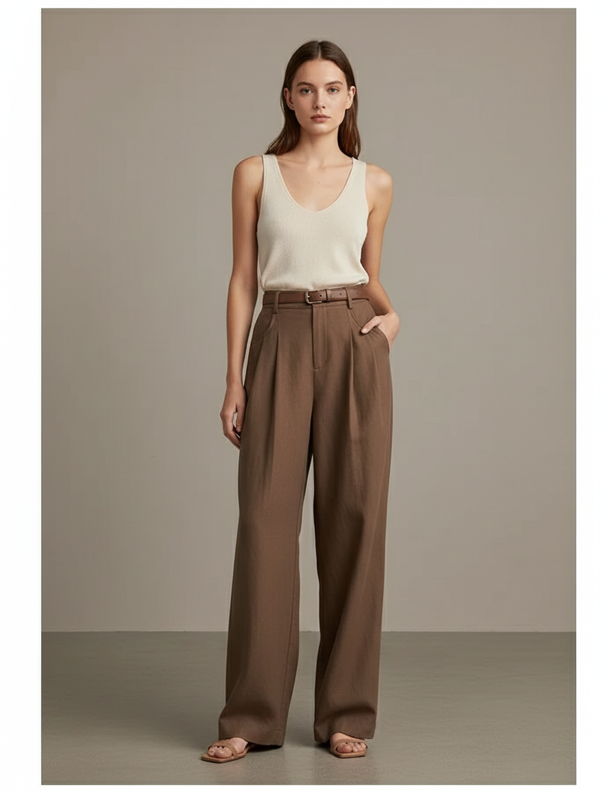Pantalon Baggy Marron Plissé Ample Décontracté Femme - Lin
