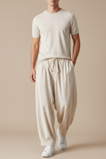 Pantalon Baggy Beige Côtelé Ample Décontracté Homme - Cordé