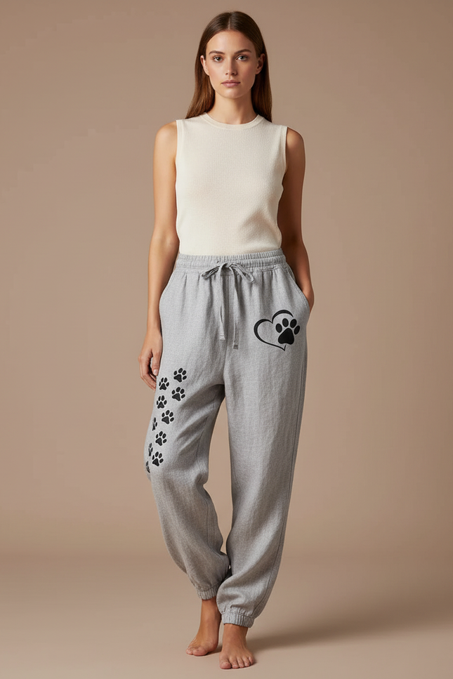 Pantalon Baggy Gris Imprimé Patte Cordon Décontracté - Lin
