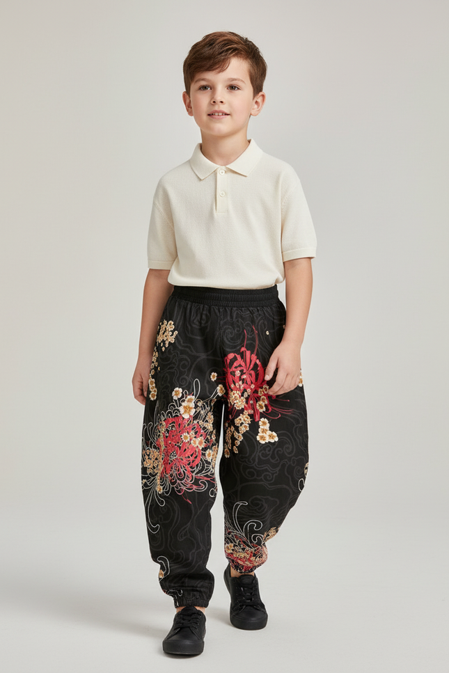 Pantalon Baggy Noir Ample Fleuri Imprimé Garçon - Coton